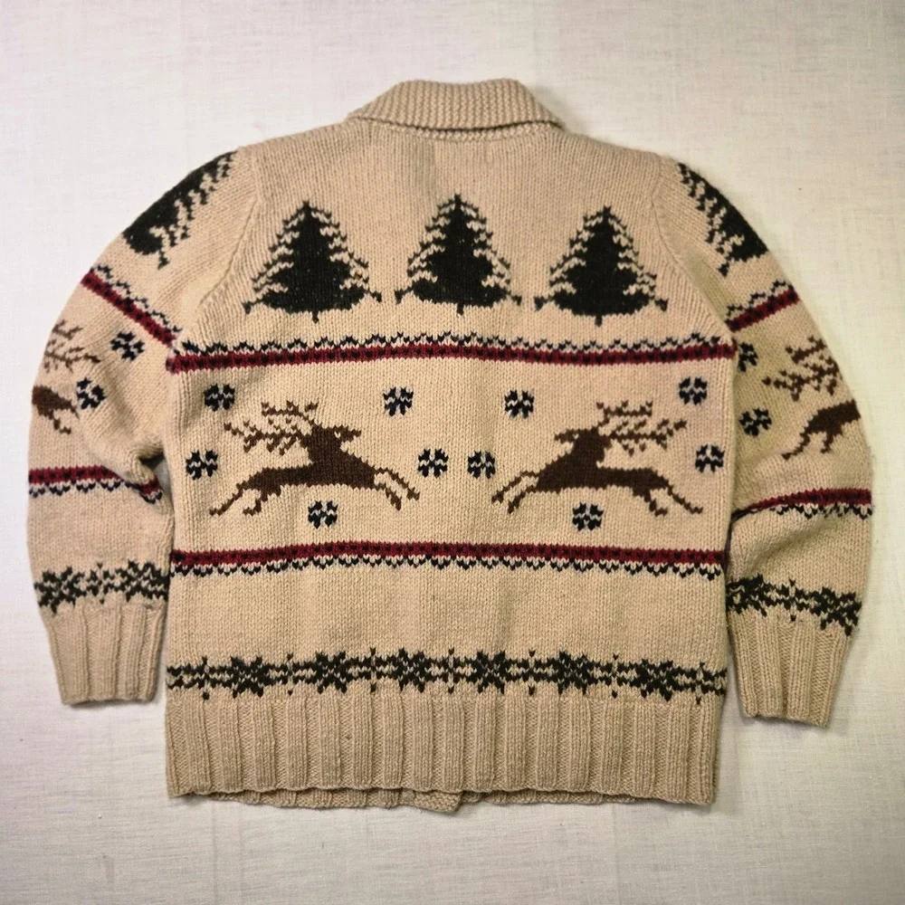 VTG L.L. Bean Reindeer Wool Cardigan Sweater Tan Women Small Shawl Collar Pocket